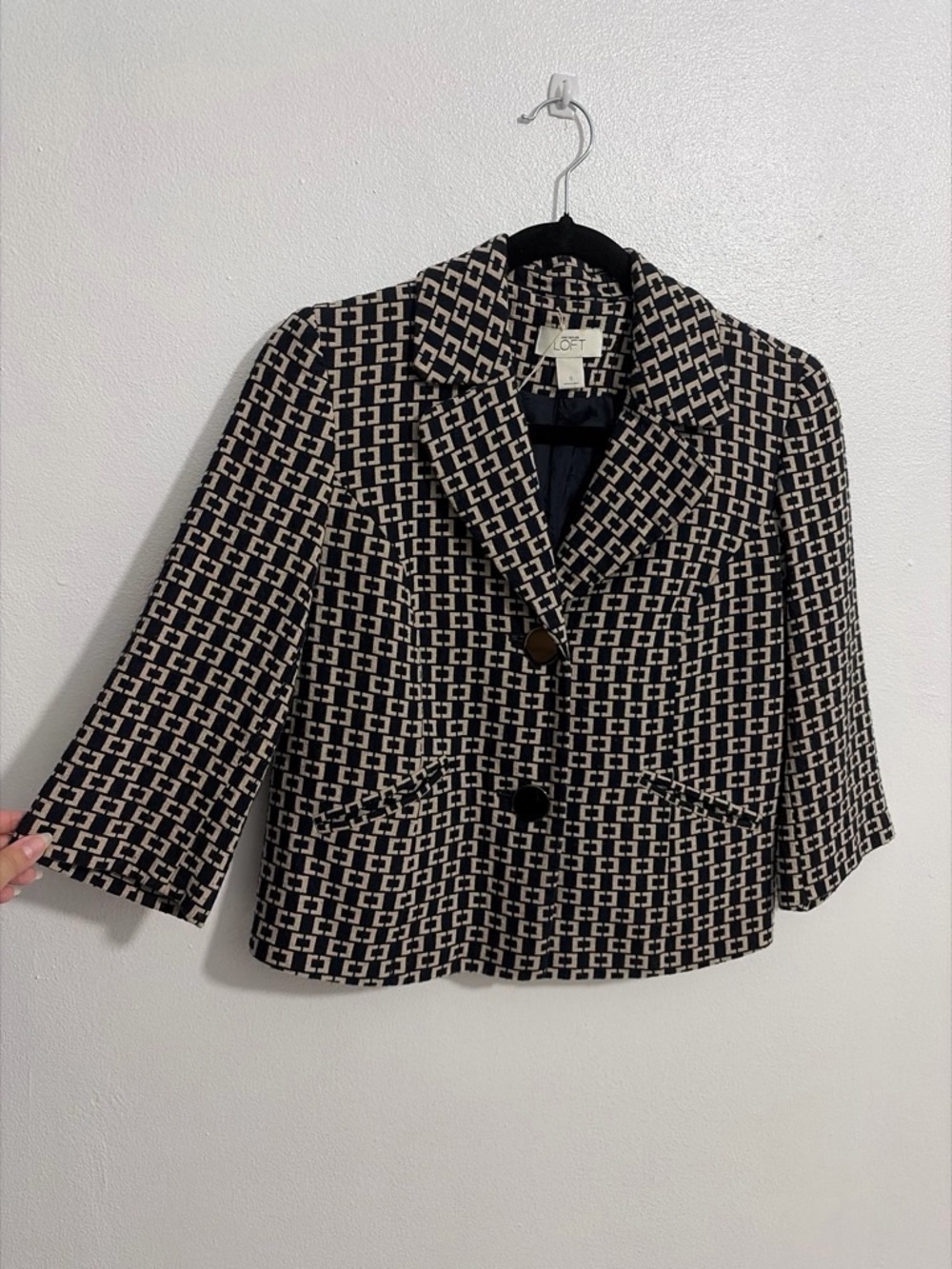 LOFT Black and Cream Geometric Cropped Blazer